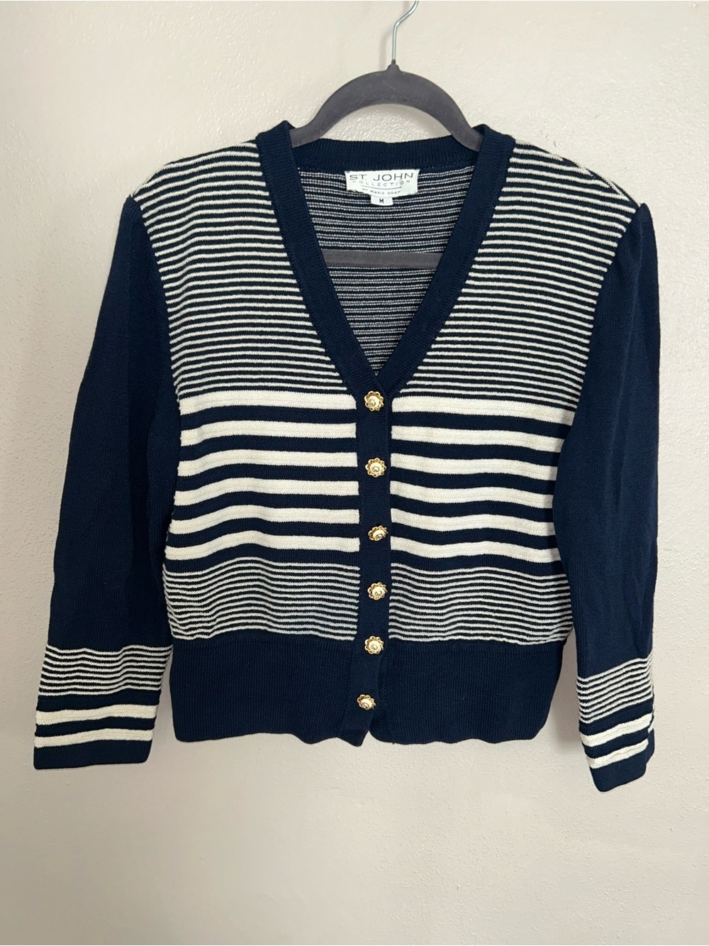 St. John Navy and White Striped V-Neck Cardigan with Gold Buttons